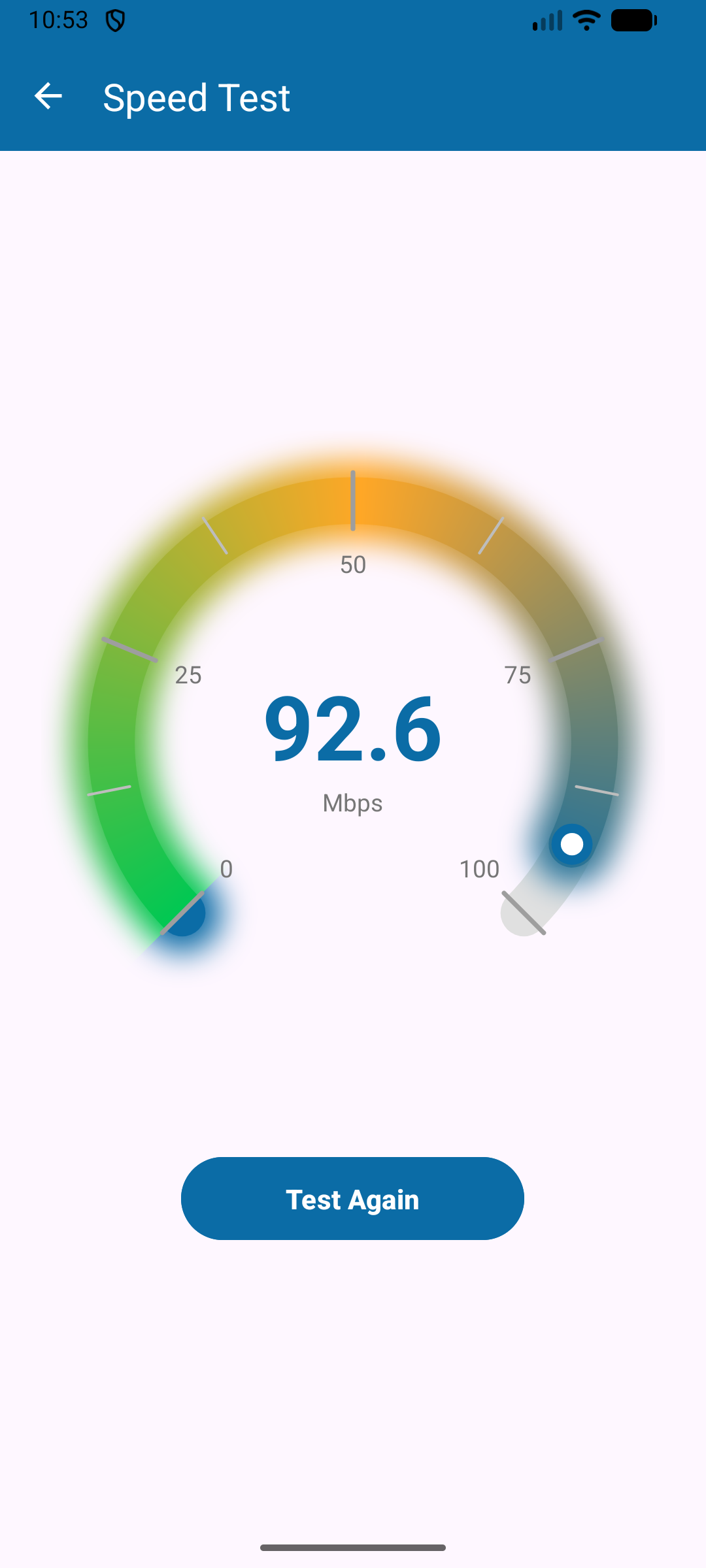 Speed test showing 92.6 Mbps